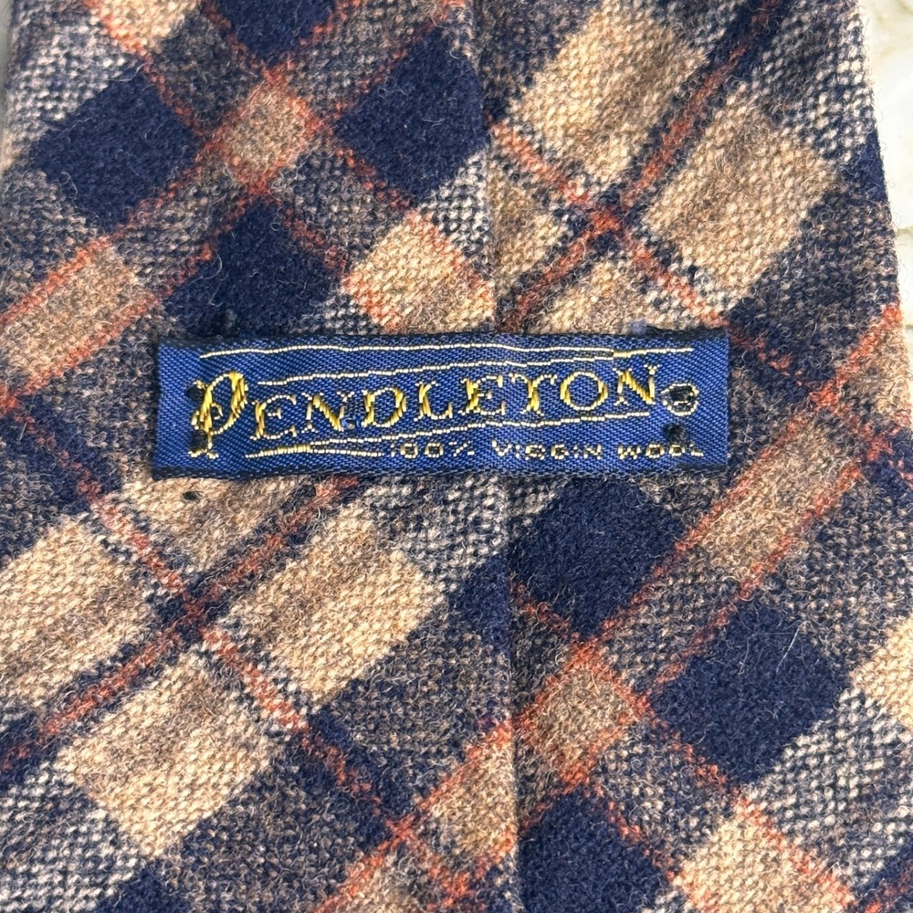 Pendleton Necktie Mens OS Blue Tan Excellent Plaid Virgin Wool Classic Tie - Picture 3 of 4